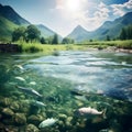 In the Lap of Wilderness: Discovering the Enchanting World of Fish in a Mountain River Landscape.AI generated