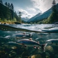 Salmon\'s Tale: Unveiling the Remarkable Life Cycle of Fish Amidst a Breathtaking Mountain River Landscape.AI generated