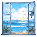 Tropical beach view from the window, vector hand drawn illustration