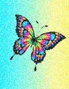 Digital illustration with a colorful tropical butterfly on an ocean background in a pointillist style