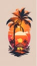 Charming Sunset Scene with Coconut Tree on a Home - Vintage Vector T-Shirt Design, Ideal for Stunning 8K Printing.