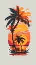 Charming Sunset Scene with Coconut Tree on a Home - Vintage Vector T-Shirt Design, Ideal for Stunning 8K Printing.