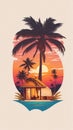 Charming Sunset Scene with Coconut Tree on a Home - Vintage Vector T-Shirt Design, Ideal for Stunning 8K Printing.