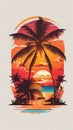 Charming Sunset Scene with Coconut Tree on a Home - Vintage Vector T-Shirt Design, Ideal for Stunning 8K Printing.