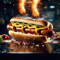 hotdog with ketchup mustard, classic American combination. Cinematic ads