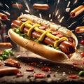 hotdog with ketchup mustard, classic American combination. Cinematic ads