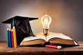 books and bulb, graduate cap