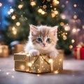 AI generated, cute kitten sitting next to a gold wrapped gift box with sparkles and Christmas tree surrounding them