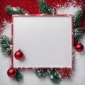 Red and white Christmas decorations with blank sign ornaments green branches snow, AI generated Royalty Free Stock Photo