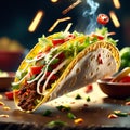Delicious taco is a perfect balance of flavors and textures, Floating in the air