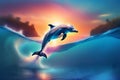 Dolphin swimming in the ocean at sunset. Generative AI Royalty Free Stock Photo