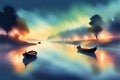 Foggy landscape with boats on the river. Vector illustration. Generative AI Royalty Free Stock Photo