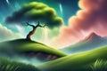Illustration of a fantasy landscape with a lone tree in the middle. Generative AI Royalty Free Stock Photo