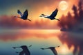 Two cranes flying over the lake at sunset with full moon. Generative AI Royalty Free Stock Photo