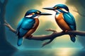 Two kingfishers sitting on a branch of a tree in the forest. Generative AI