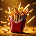 French fries floating in the air is a surreal and magical sight. The golden brown sticks of potato