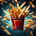 French fries floating in the air is a surreal and magical sight. The golden brown sticks of potato