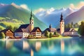 Fantastic landscape with lake, church, mountains and blue sky. Generative AI Royalty Free Stock Photo