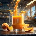 Floating delicious orange juice is a refreshing and invigorating beverage