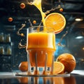 Floating delicious orange juice is a refreshing and invigorating beverage