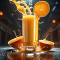 Floating delicious orange juice is a refreshing and invigorating beverage