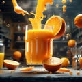 Floating delicious orange juice is a refreshing and invigorating beverage