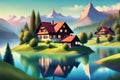 Beautiful mountain landscape with lake and wooden house. Generative AI Royalty Free Stock Photo