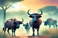 Group of buffalo in savanna at sunset. Generative AI