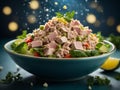 Healthy salad, crisp, vibrant greens, a delightful medley of shredded chicken breast and flaked tuna