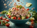 Healthy salad, crisp, vibrant greens, a delightful medley of shredded chicken breast and flaked tuna