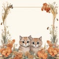 Brown themed flower frame with 2 cute smiling cats, AI Generated