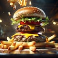 delectable bacon cheeseburger with fries, The juicy, savory beef patty