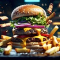 delectable bacon cheeseburger with fries, The juicy, savory beef patty