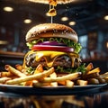 delectable bacon cheeseburger with fries, The juicy, savory beef patty