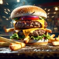 delectable bacon cheeseburger with fries, The juicy, savory beef patty