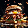 delectable bacon cheeseburger with fries, The juicy, savory beef patty