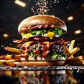 delectable bacon cheeseburger with fries, The juicy, savory beef patty