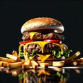 delectable bacon cheeseburger with fries, The juicy, savory beef patty