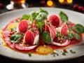 delicate slices of beef carpaccio are arranged in a captivating mosaic. The thinly sliced filet mignon shimmer