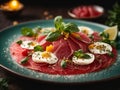 delicate slices of beef carpaccio are arranged in a captivating mosaic. The thinly sliced filet mignon shimmer