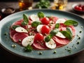 delicate slices of beef carpaccio are arranged in a captivating mosaic. The thinly sliced filet mignon shimmer