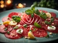 delicate slices of beef carpaccio are arranged in a captivating mosaic. The thinly sliced filet mignon shimmer