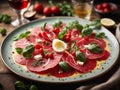 delicate slices of beef carpaccio are arranged in a captivating mosaic. The thinly sliced filet mignon shimmer