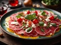 delicate slices of beef carpaccio are arranged in a captivating mosaic. The thinly sliced filet mignon shimmer