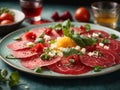 delicate slices of beef carpaccio are arranged in a captivating mosaic. The thinly sliced filet mignon shimmer