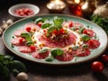 delicate slices of beef carpaccio are arranged in a captivating mosaic. The thinly sliced filet mignon shimmer