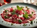 delicate slices of beef carpaccio are arranged in a captivating mosaic. The thinly sliced filet mignon shimmer