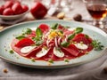 delicate slices of beef carpaccio are arranged in a captivating mosaic. The thinly sliced filet mignon shimmer