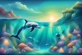 Dolphins swimming in the sea at sunset. Vector illustration. Generative AI Royalty Free Stock Photo