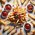 French fries The golden brown sticks of potato, suspended in mid-air, defy gravity and logic